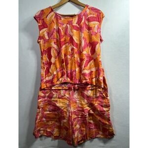 Cynthia Rowley Women's Orange Floral Set 100% Linen Top M Bottom L Shorts Flax